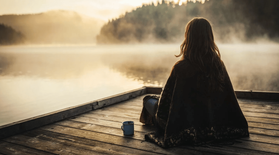 Atemreise - Abendliches Heimkommen Produktbild für Breathwork-Reise: Frau am See ganz entspannt