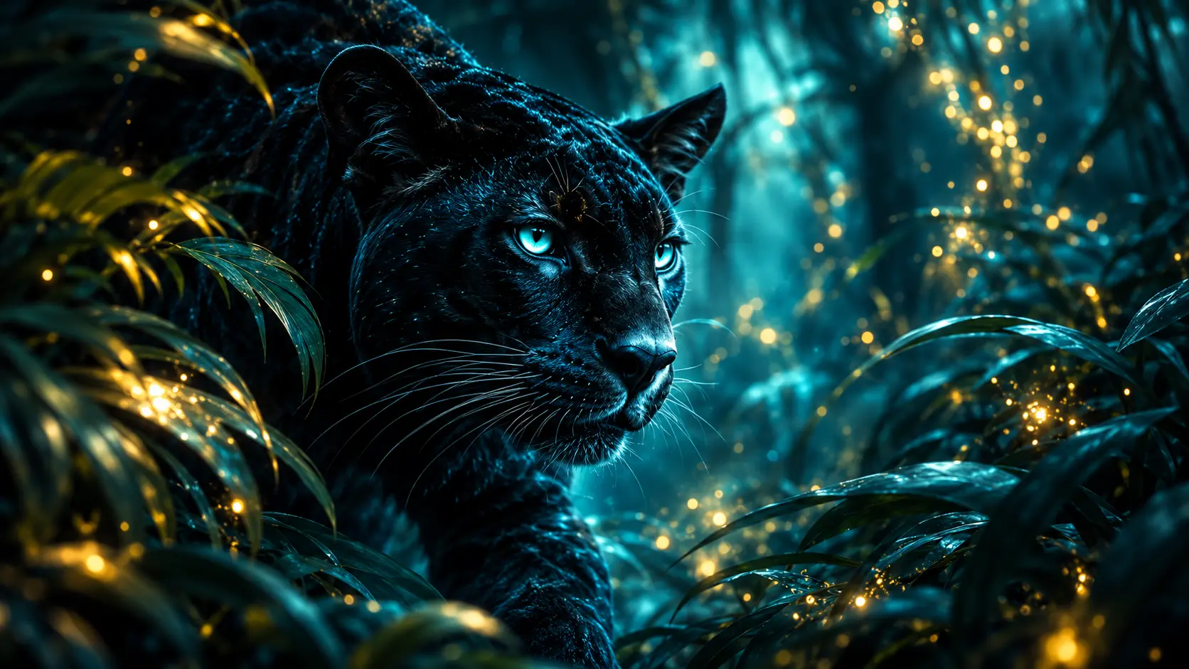 Mystischer schwarzer Panther mit türkisfarbenen Augen